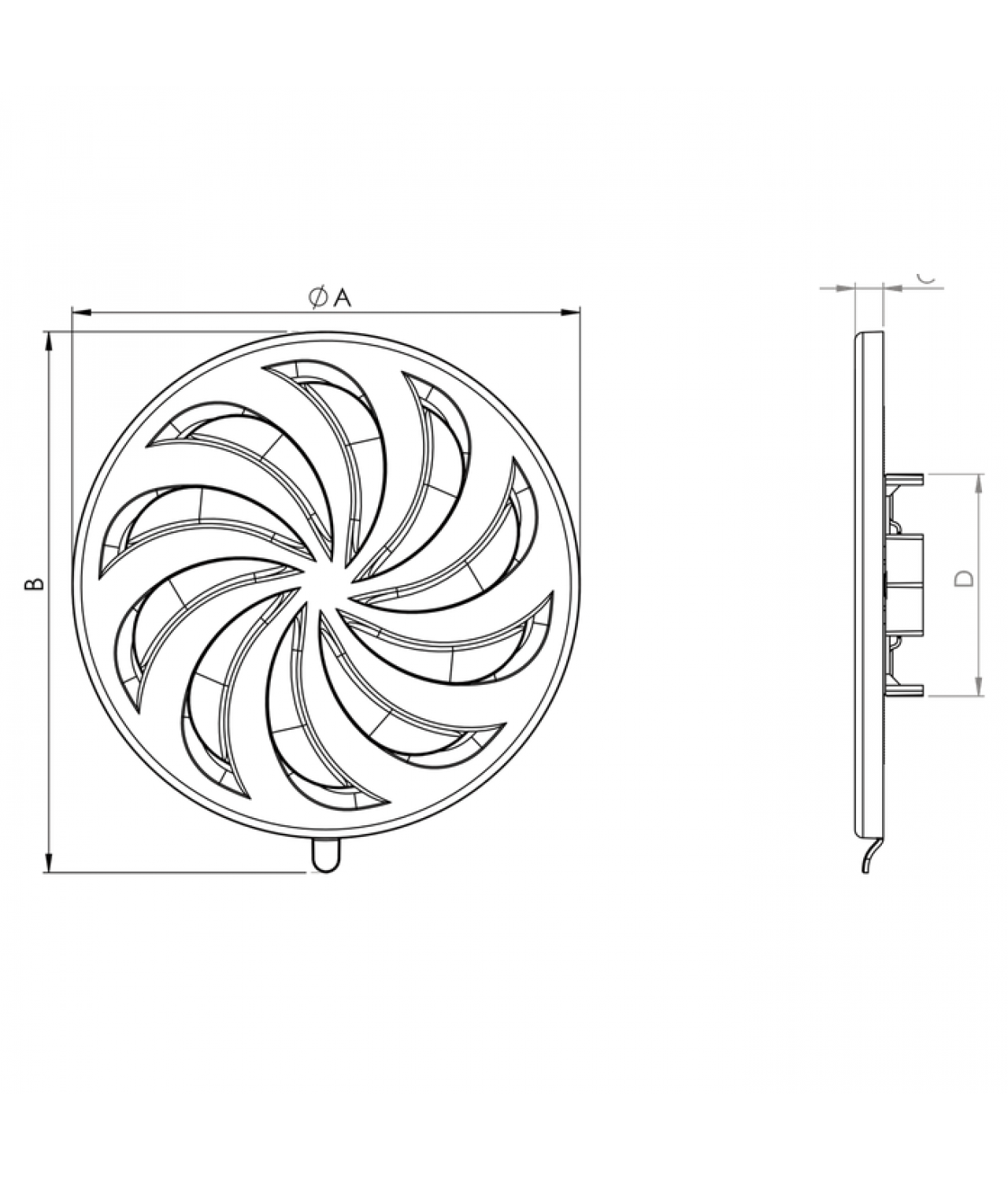 Round vent cover white, with shutter ALETA 02-325, Ø80-150/183 mm - drawing