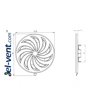 Round vent cover white, with shutter ALETA 02-325, Ø80-150/183 mm - drawing