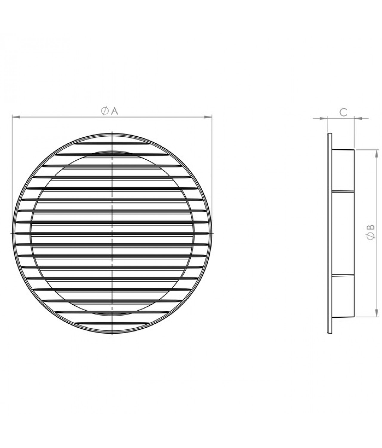 Ventiliacinės grotelės pilkos, apvalios ALETA GREY, Ø100-120-125-150 mm - brėžinys