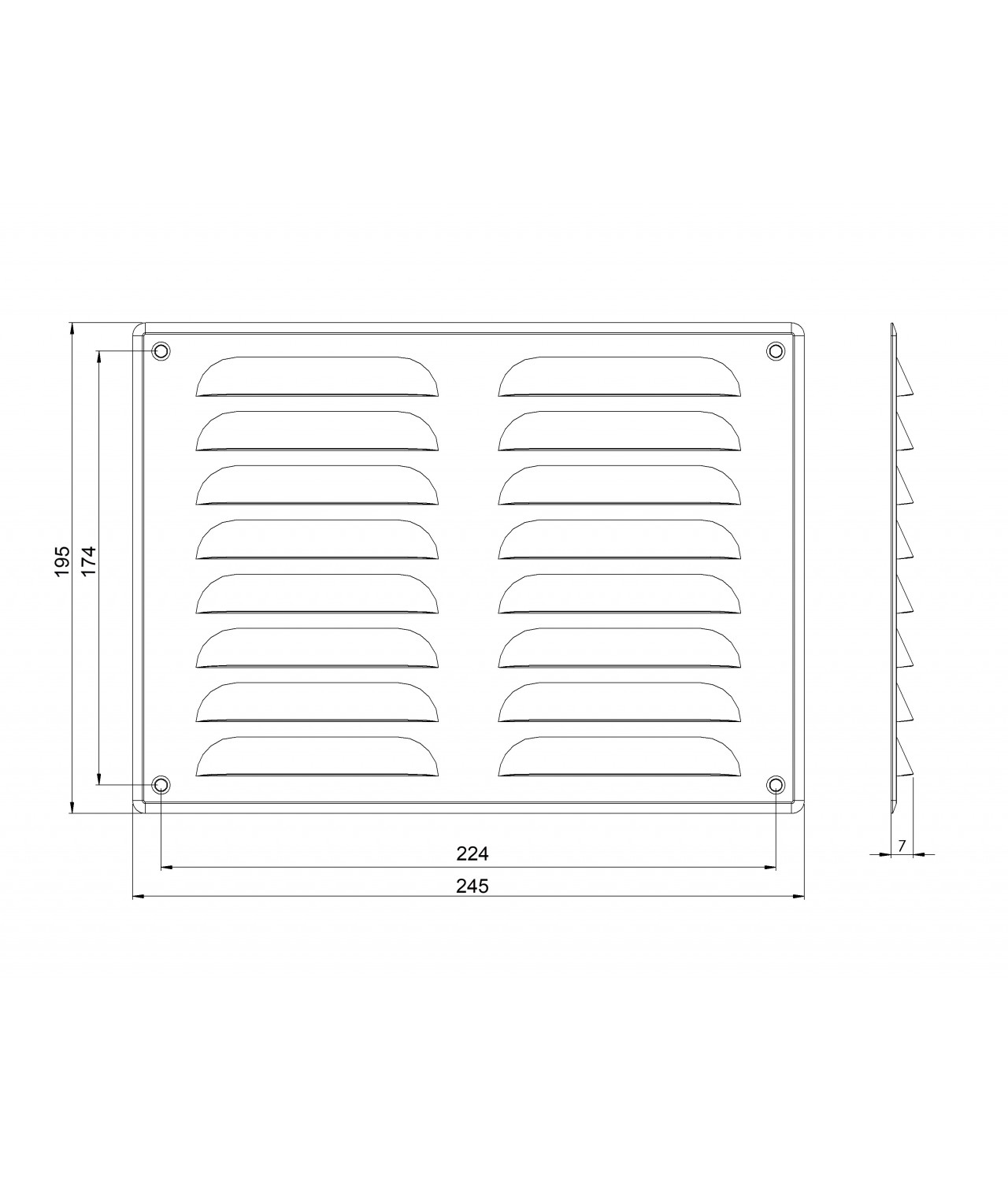 Ventiliacijos grotelės iš nerūdijančio plieno EMW245195N 245x195 mm - brėžinys